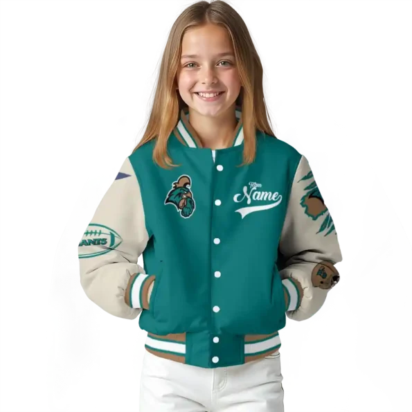 custom coastal carolina chanticleers wildcat pawprint green nude varsity jacket top rated.webp
