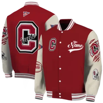 custom colgate raiders wildcat pawprint maroon nude varsity jacket fashion forward.webp
