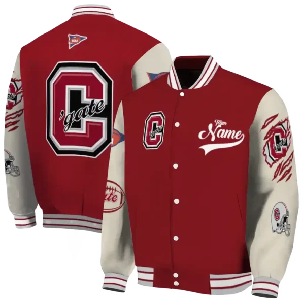 custom colgate raiders wildcat pawprint maroon nude varsity jacket fashion forward.webp