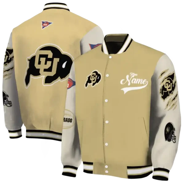 custom colorado buffaloes wildcat pawprint gold nude varsity jacket fashion forward.webp