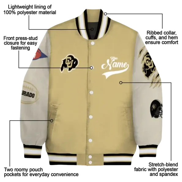 custom colorado buffaloes wildcat pawprint gold nude varsity jacket new arrival.webp