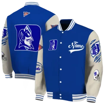 custom duke blue devils wildcat pawprint blue nude varsity jacket fashion forward.webp