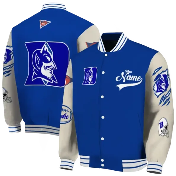 custom duke blue devils wildcat pawprint blue nude varsity jacket fashion forward.webp
