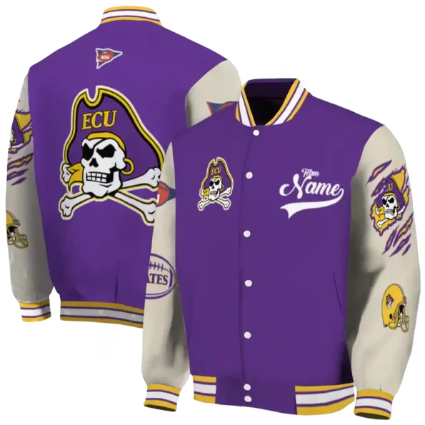 custom east carolina pirates wildcat pawprint purple nude varsity jacket fashion forward.webp
