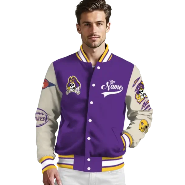custom east carolina pirates wildcat pawprint purple nude varsity jacket high quality.webp