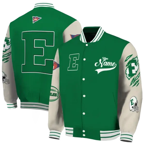custom eastern michigan eagles wildcat pawprint green nude varsity jacket fashion forward.webp
