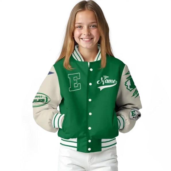 custom eastern michigan eagles wildcat pawprint green nude varsity jacket top rated.webp