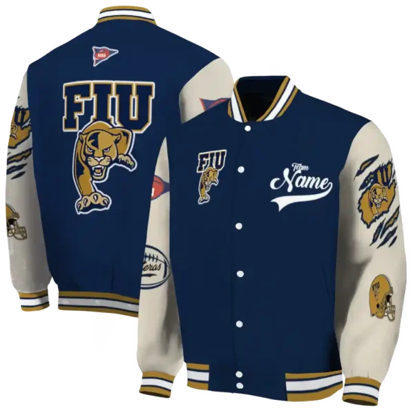 custom fiu panthers wildcat pawprint blue nude varsity jacket fashion forward.webp
