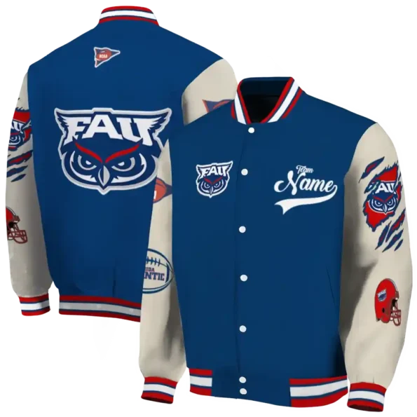 custom florida atlantic owls wildcat pawprint blue nude varsity jacket fashion forward.webp