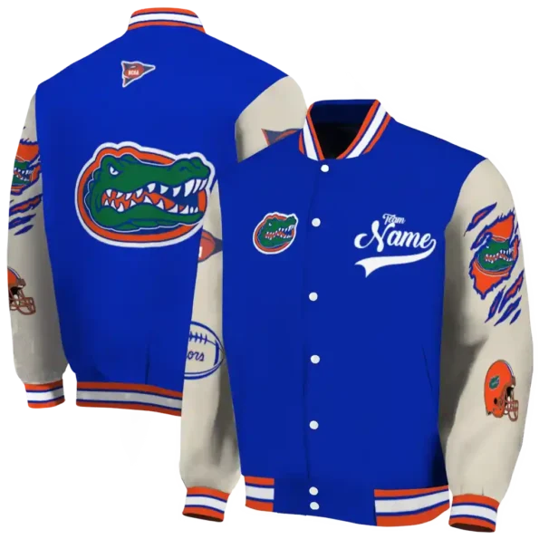 custom florida gators wildcat pawprint blue nude varsity jacket fashion forward.webp