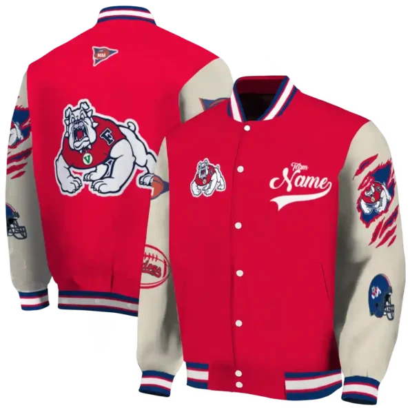 custom fresno state bulldogs wildcat pawprint red nude varsity jacket fashion forward.webp