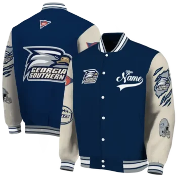 custom georgia southern eagles wildcat pawprint blue nude varsity jacket fashion forward.webp