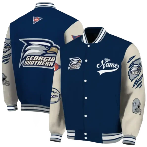 custom georgia southern eagles wildcat pawprint blue nude varsity jacket fashion forward.webp