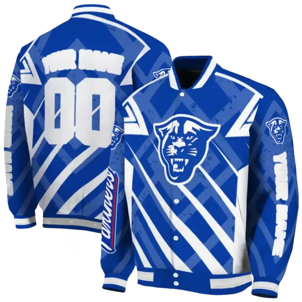 custom georgia state panthers chevron angles blue varsity jacket fashion forward.webp