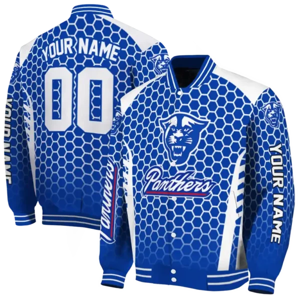 custom georgia state panthers hexagon grid blue varsity jacket fashion forward.webp