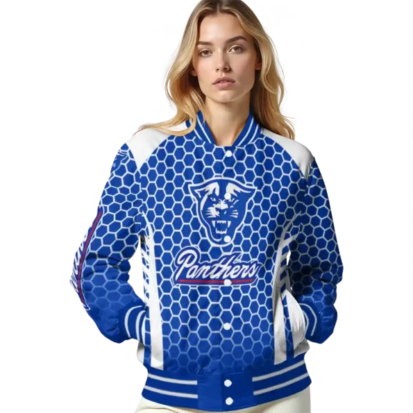 custom georgia state panthers hexagon grid blue varsity jacket latest model.webp