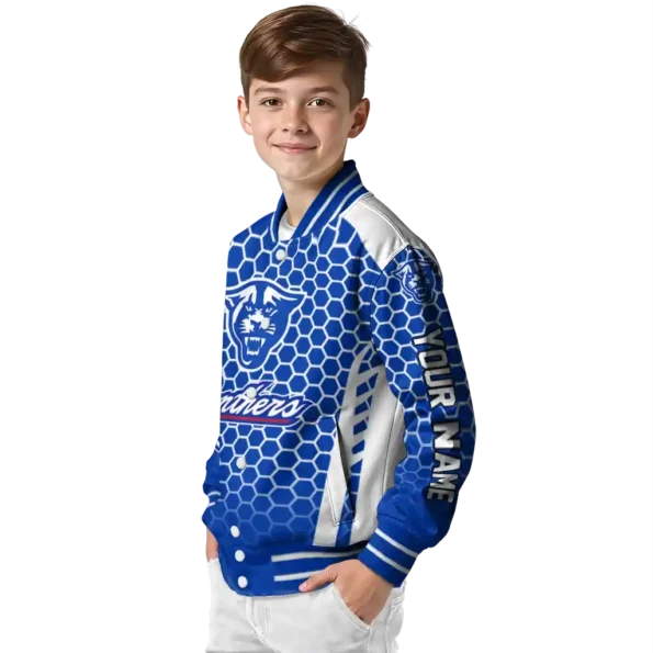 custom georgia state panthers hexagon grid blue varsity jacket trendy.webp