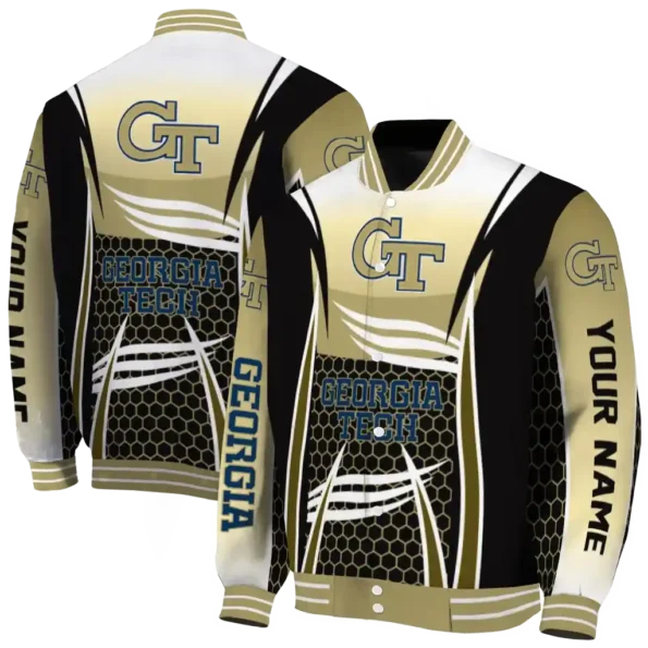 custom georgia tech yellow jackets mesh effect gold black varsity jacket fashion forward.webp