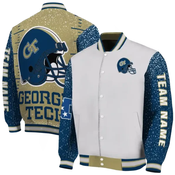custom georgia tech yellow jackets speckled arms gold gray varsity jacket fashion forward.webp