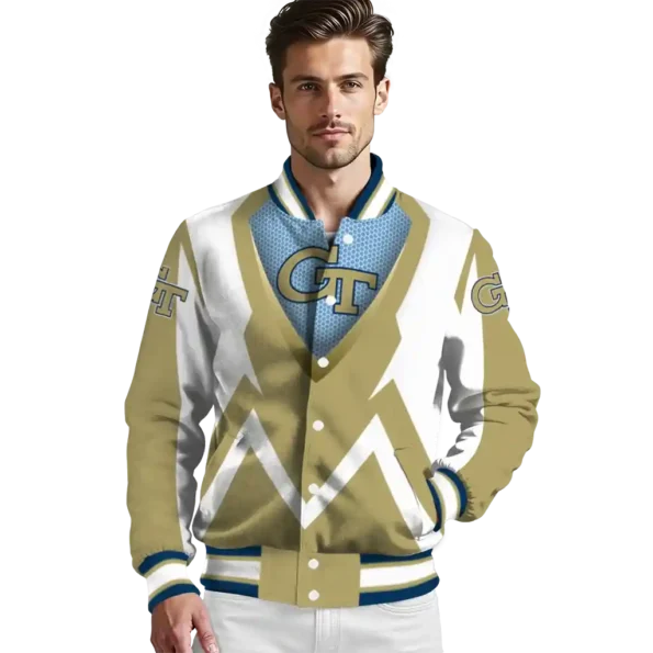 custom georgia tech yellow jackets v stripes gold white varsity jacket high quality.webp