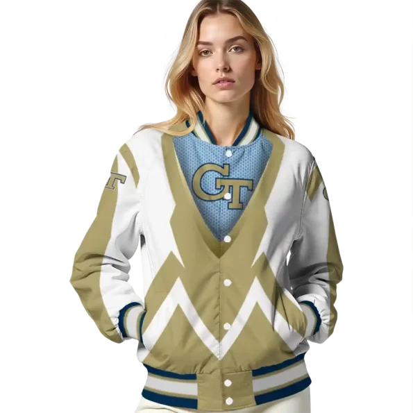 custom georgia tech yellow jackets v stripes gold white varsity jacket latest model.webp