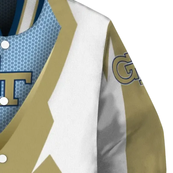 custom georgia tech yellow jackets v stripes gold white varsity jacket premium grade.webp