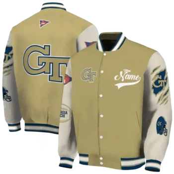 custom georgia tech yellow jackets wildcat pawprint gold nude varsity jacket fashion forward.webp