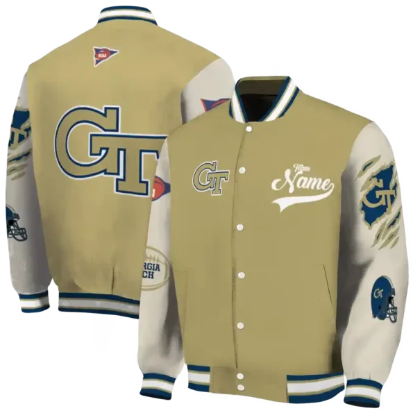 custom georgia tech yellow jackets wildcat pawprint gold nude varsity jacket fashion forward.webp