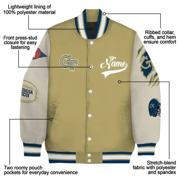 custom georgia tech yellow jackets wildcat pawprint gold nude varsity jacket new arrival.webp