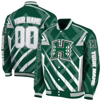 custom hawaii rainbow warriors chevron angles green varsity jacket fashion forward.webp