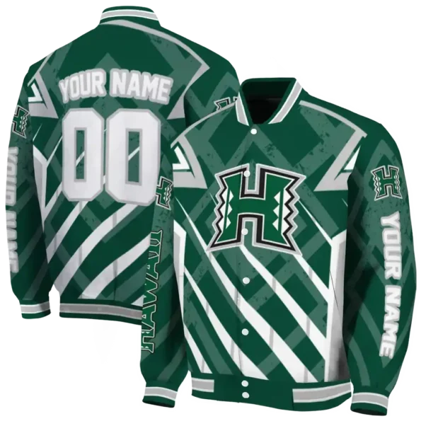 custom hawaii rainbow warriors chevron angles green varsity jacket fashion forward.webp