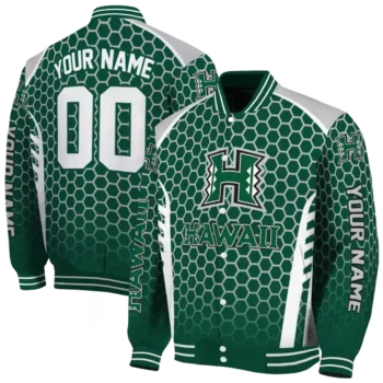 custom hawaii rainbow warriors hexagon grid green varsity jacket fashion forward.webp
