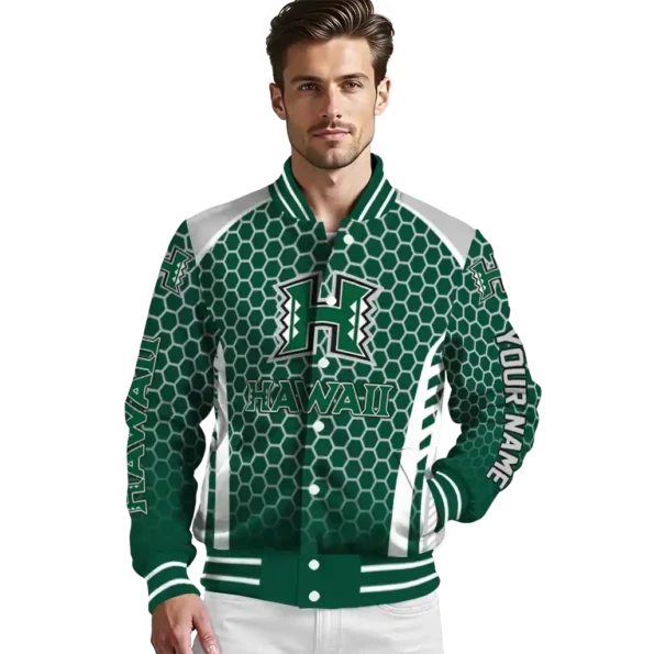 custom hawaii rainbow warriors hexagon grid green varsity jacket high quality.webp
