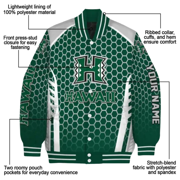 custom hawaii rainbow warriors hexagon grid green varsity jacket new arrival.webp