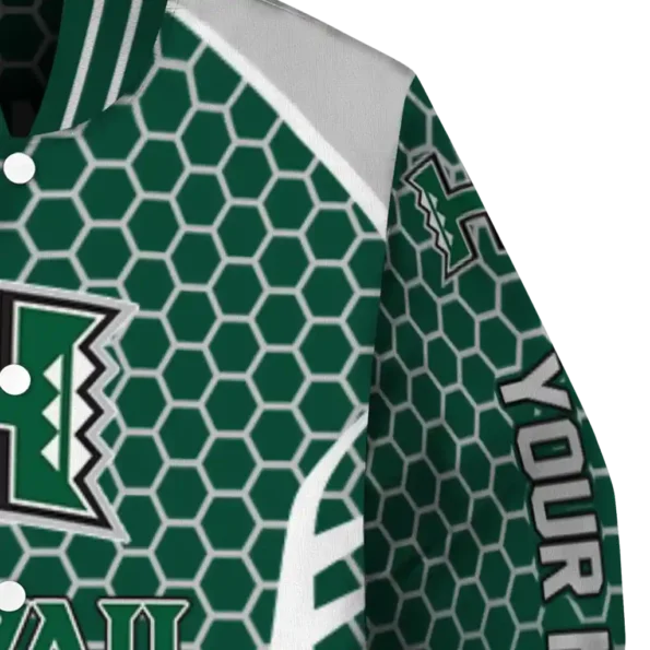 custom hawaii rainbow warriors hexagon grid green varsity jacket premium grade.webp