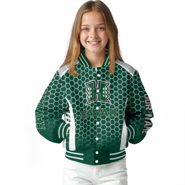 custom hawaii rainbow warriors hexagon grid green varsity jacket top rated.webp