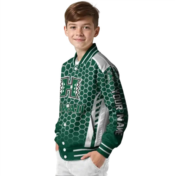 custom hawaii rainbow warriors hexagon grid green varsity jacket trendy.webp