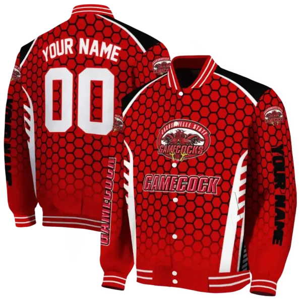 custom jacksonville state gamecocks hexagon grid red varsity jacket fashion forward.webp