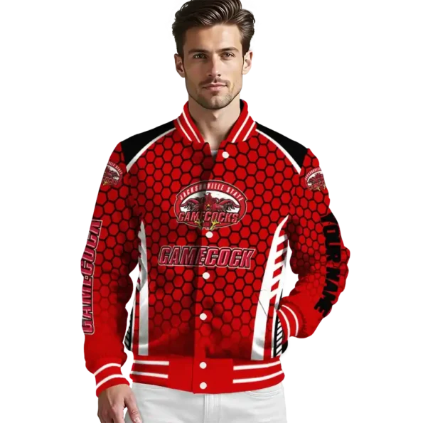 custom jacksonville state gamecocks hexagon grid red varsity jacket high quality.webp
