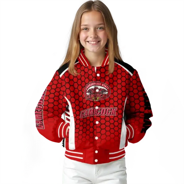 custom jacksonville state gamecocks hexagon grid red varsity jacket top rated.webp
