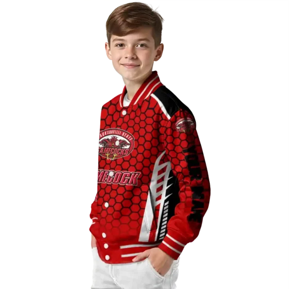 custom jacksonville state gamecocks hexagon grid red varsity jacket trendy.webp