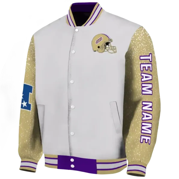custom james madison dukes speckled arms purple gray varsity jacket best selling