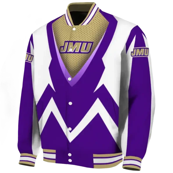 custom james madison dukes v stripes purple white varsity jacket best selling