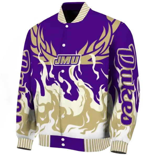 custom james madison dukes winged blaze purple white varsity jacket best selling