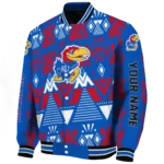custom kansas jayhawks pyramid shapes blue varsity jacket best selling.webp