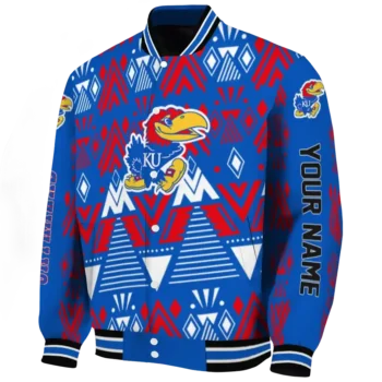 custom kansas jayhawks pyramid shapes blue varsity jacket best selling.webp