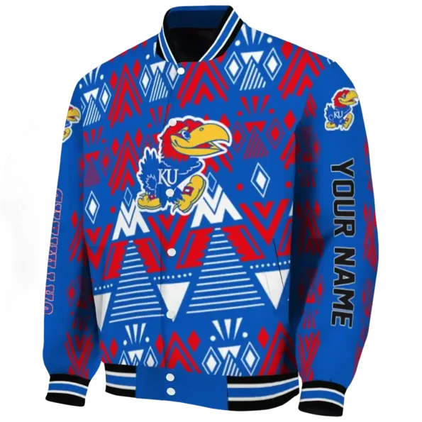custom kansas jayhawks pyramid shapes blue varsity jacket best selling.webp