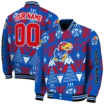 custom kansas jayhawks pyramid shapes blue varsity jacket best selling.webp