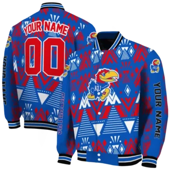 custom kansas jayhawks pyramid shapes blue varsity jacket fashion forward.webp