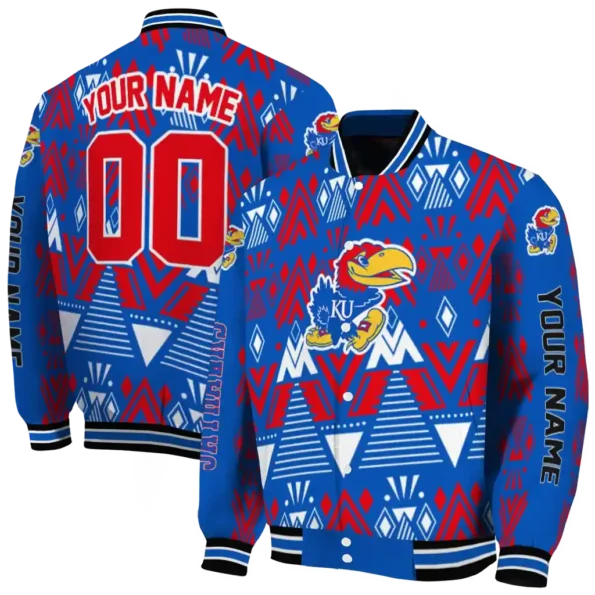 custom kansas jayhawks pyramid shapes blue varsity jacket fashion forward.webp